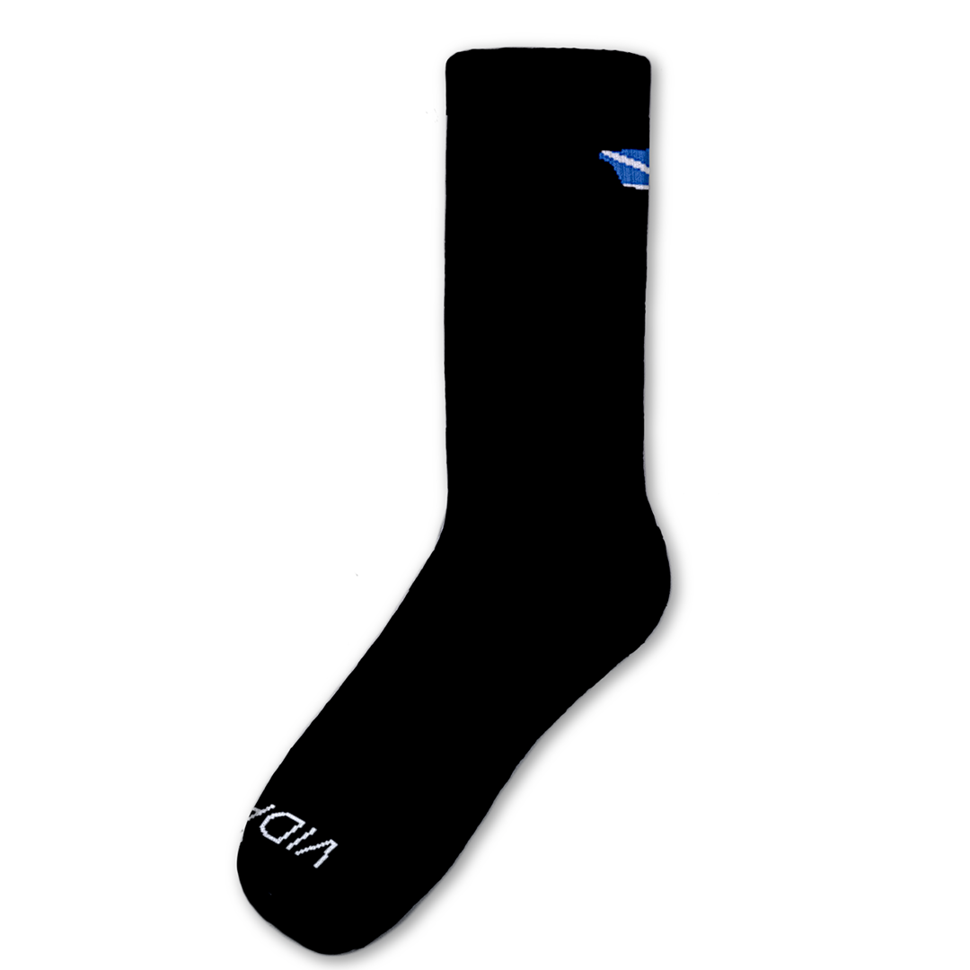 A single black crew sock with a small blue logo on the upper cuff and white text on the toe, shown against a plain white background.