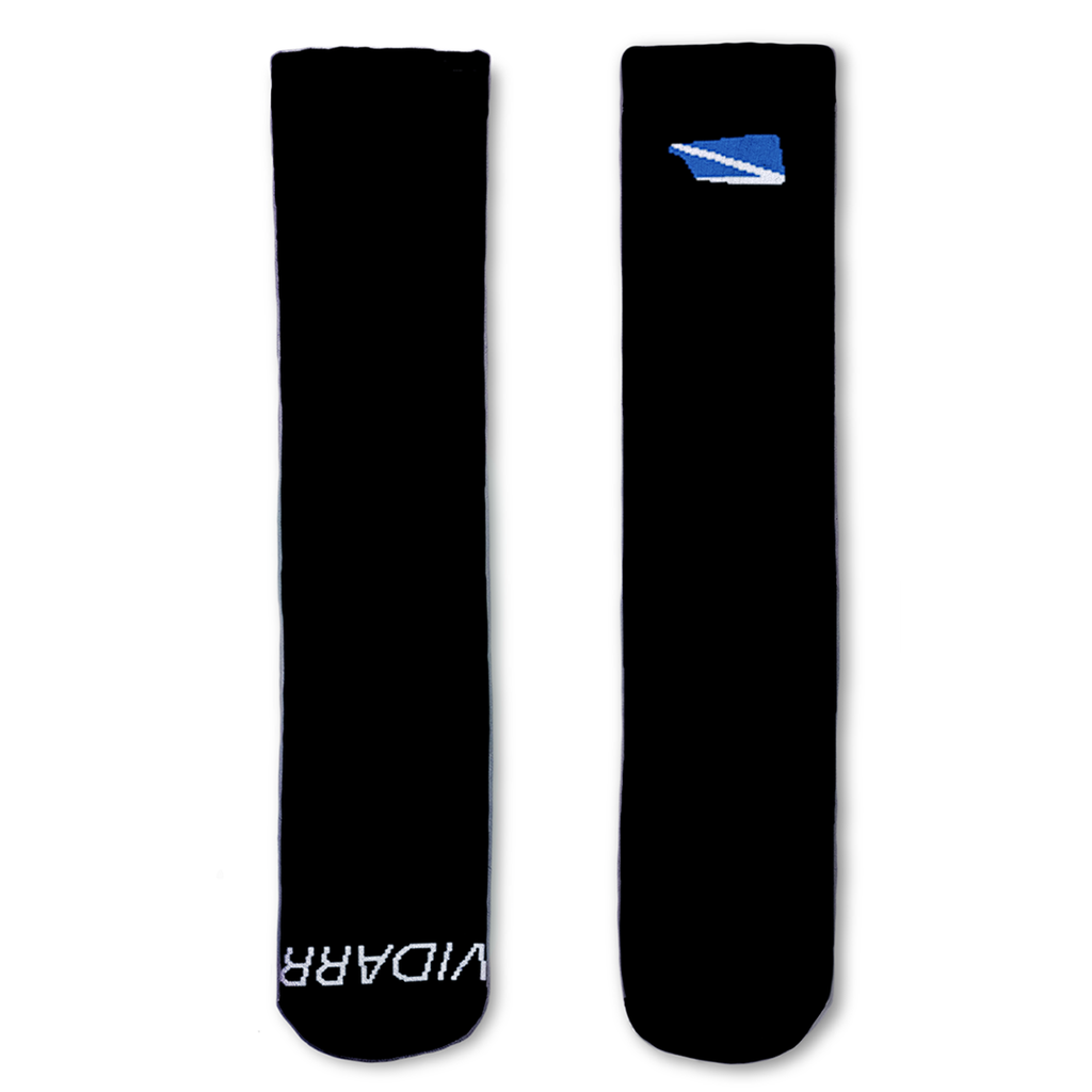 A pair of black crew socks shown flat against a white background, with one sock displaying the white VIDARR brand name and the other showing a small blue and white logo near the cuff.